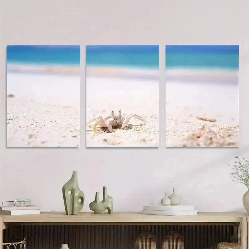 3pcs Beach Scene Ocean Crab & Seashells Wall Art Set Canvas Framed 40x60cm - High Quality Print 100% Australian Made Wall Canvas Ready to Hang