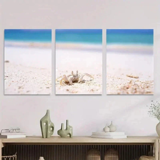 3pcs Beach Scene Ocean Crab & Seashells Wall Art Set Canvas Framed 40x60cm - High Quality Print 100% Australian Made Wall Canvas Ready to Hang