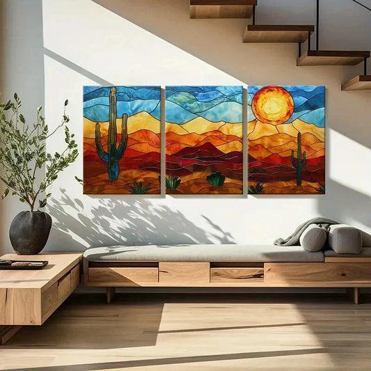 3pcs Cactus & Sunburst Design Metal Print Ready to Hang Art