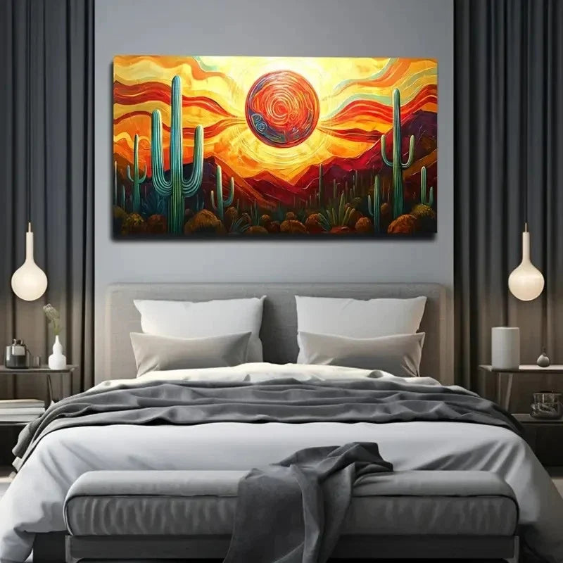 Vibrant Desert Sunset CactI Wall Art Canvas Office Home Room Framed 120x60cm