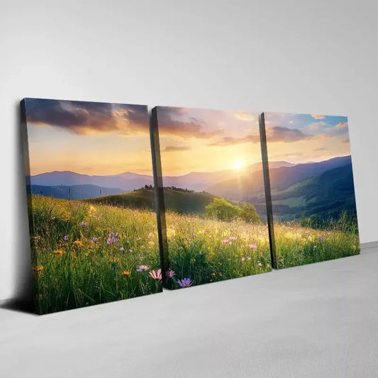 3pcs Sunset Sky View and Wildflowers Landscape Wall Art Set Canvas Framed 40x60cm - High Quality Print 100% Australian Made Wall Canvas Ready to Hang