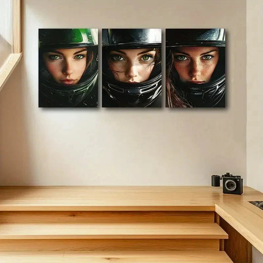 3pcs The Woman in the Green Helmet Metal Print Ready to Hang Art