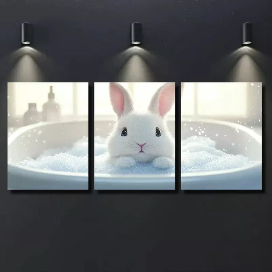3pcs Rabbit in Bathtub Canvas Framed 40x60cm - High Quality Print 100% Australian Made Wall Canvas Ready to Hang