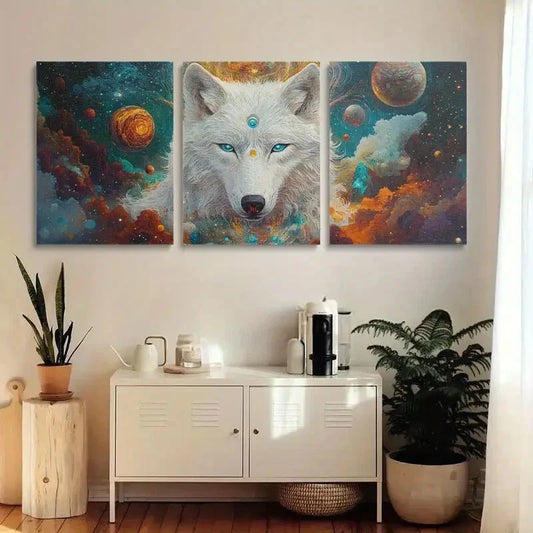 3pcs Mystical White Wolf Cosmic Galaxy Design Metal Print Ready to Hang Art