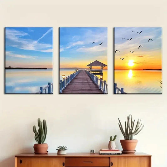 3pcs Seaside Wooden Bridge And Sunset Lake Metal Print Ready to Hang Art