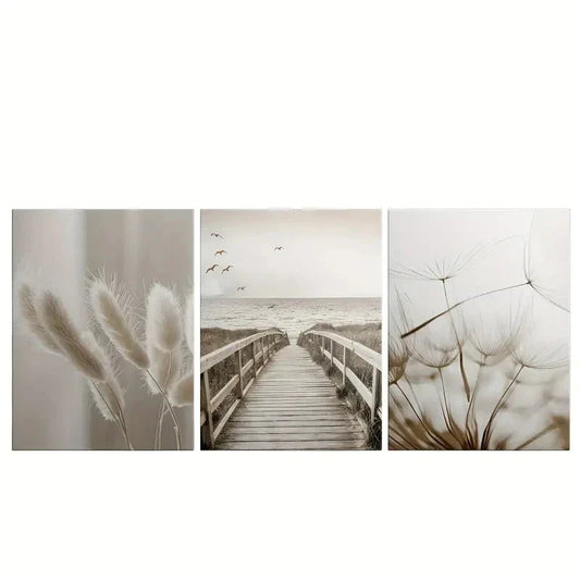 3pcs Coastal Sunset & Beach Pier Scenery Metal Print Ready to Hang Art