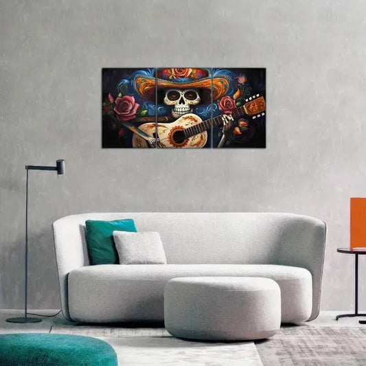 3pcs Skull Playing Guitar Floral Style Art Poster Metal Print Ready to Hang Art