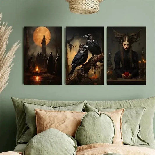 3pcs Raven Gothic frescoes Metal Print Ready to Hang Art