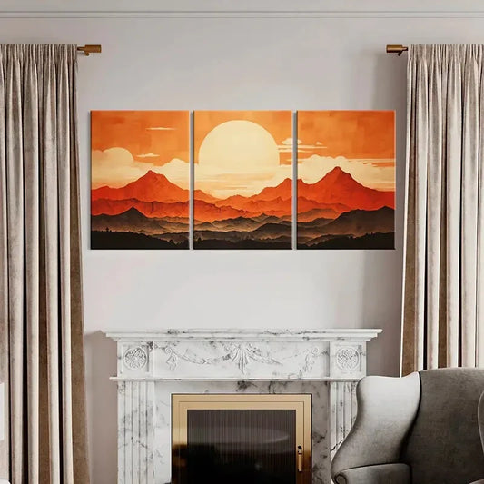 3pcs Sunset Mountains, Warm Orange & Red Tones Metal Print Ready to Hang Art