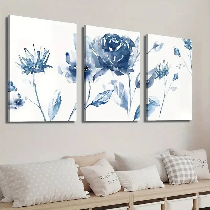 3pcs Elegant and Simple Blue Flowers Wall Art Set Canvas Framed 40x60cm - High Quality Print 100% Australian Made Wall Canvas Ready to Hang
