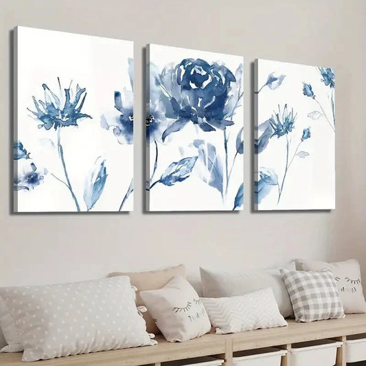 3pcs Elegant and Simple Blue Flowers Wall Art Set Canvas Framed 40x60cm - High Quality Print 100% Australian Made Wall Canvas Ready to Hang