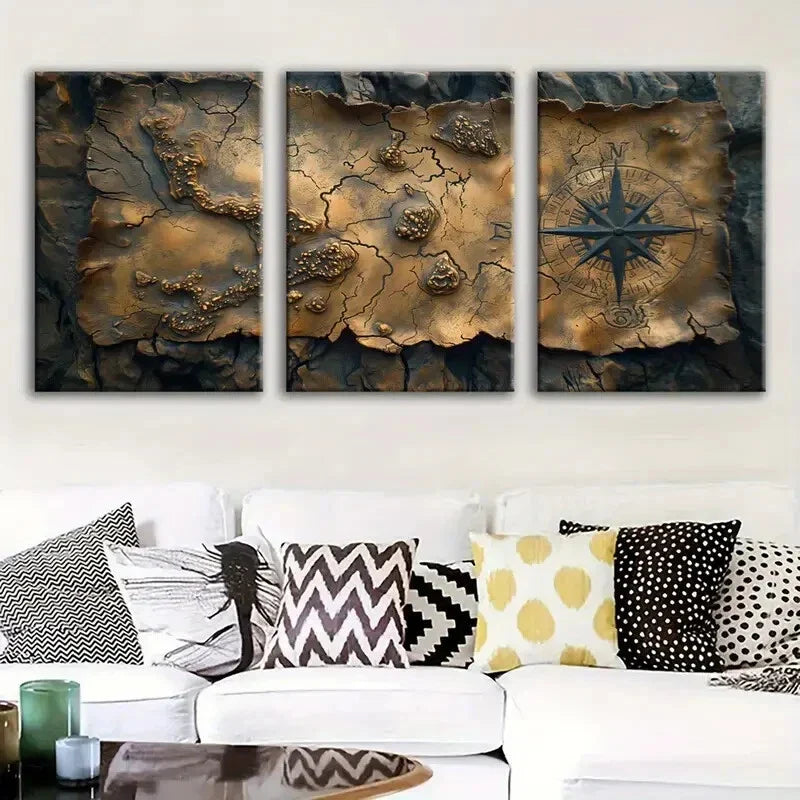 3pcs Map Fantasy Modern Dark Blue & Gold Metal Print Ready to Hang Art