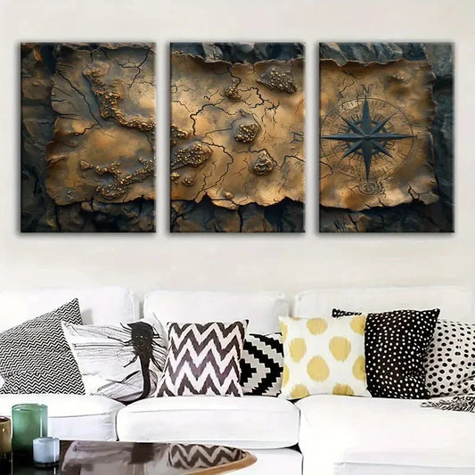 3pcs Map Fantasy Modern Dark Blue & Gold Metal Print Ready to Hang Art