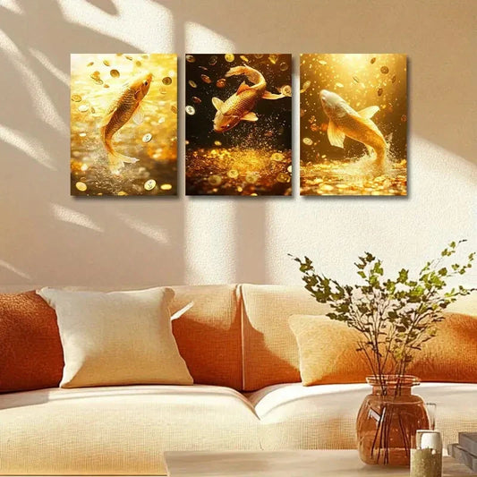 3pcs A Golden Carp Metal Print Ready to Hang Art
