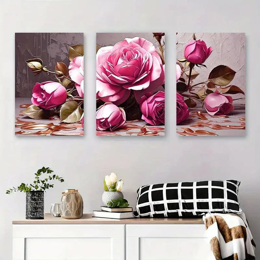 3pcs Elegant Abstract Rose Modern Chic Botanical Metal Print Ready to Hang Art