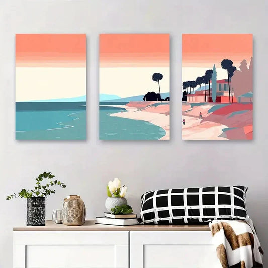 3pcs Abstract Coastal Landscape with Vibrant Sky Metal Print Ready to Hang Art