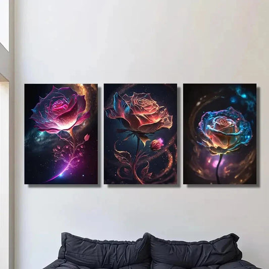 3pcs Roses made of underwater galaxy stars Metal Print Ready to Hang Art