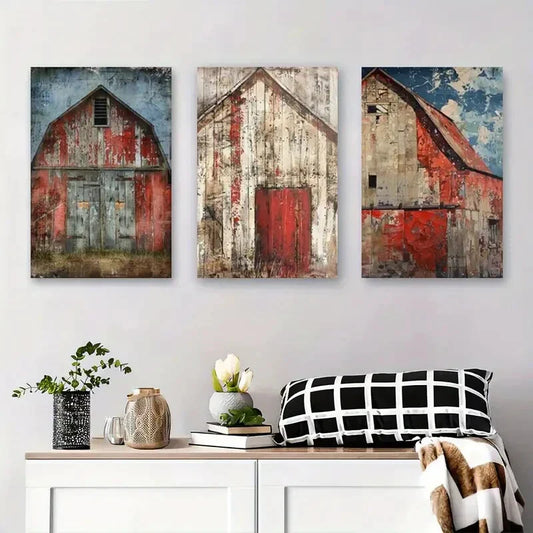 3pcs Vintage Barns Landscape Red Barn and Rustic Metal Print Ready to Hang Art