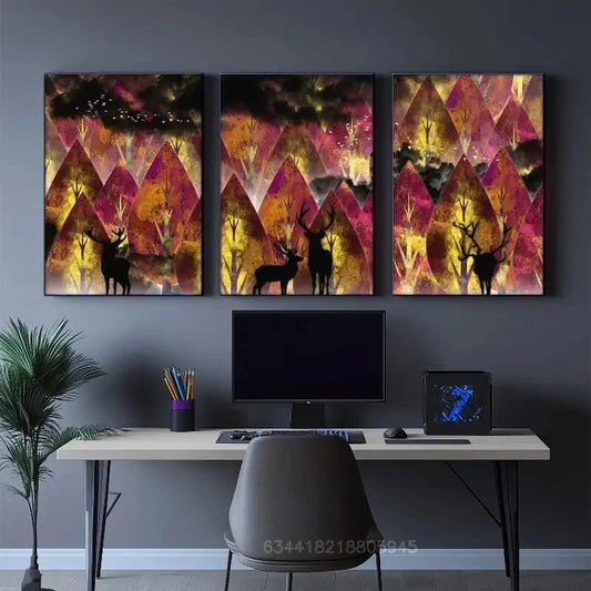 3pcs Sika deer, forest, Blue Forest Metal Print Ready to Hang Art