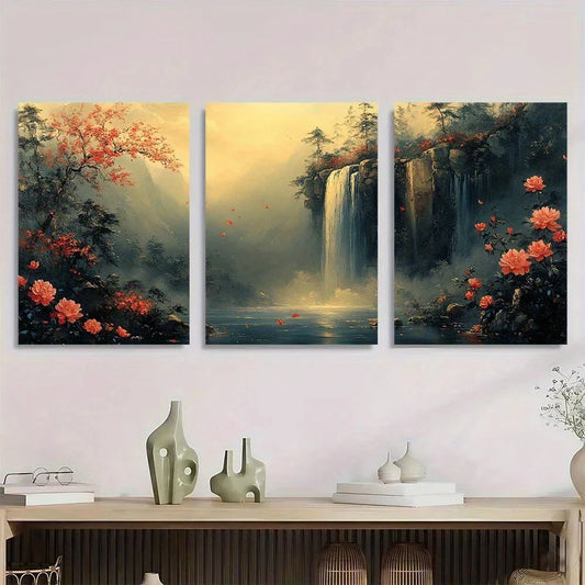 3pcs Flower Waterfall Modern Abstract Metal Print Ready to Hang Art