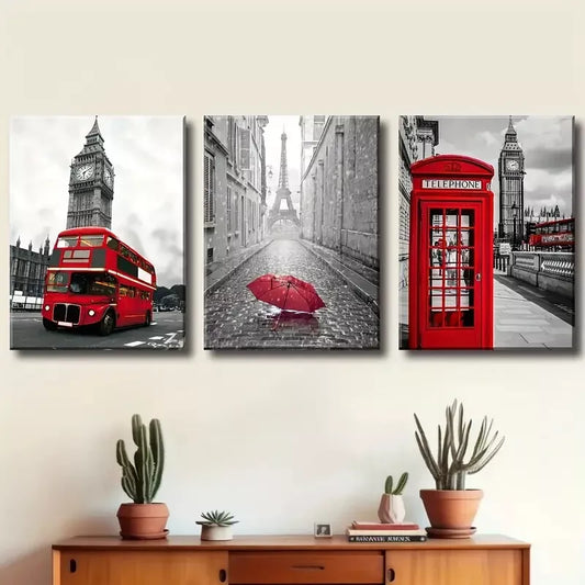 3pcs Featuring London and Paris Street Scenes Wall Art Set Canvas Framed 40x60cm - High Quality Print 100% Australian Made Wall Canvas Ready to Hang