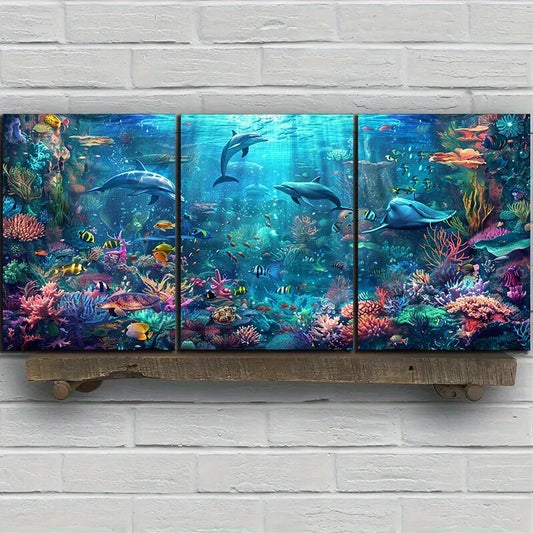 3pcs Ocean Breeze Underwater Dolphin & Coral Reef Metal Print Ready to Hang Art