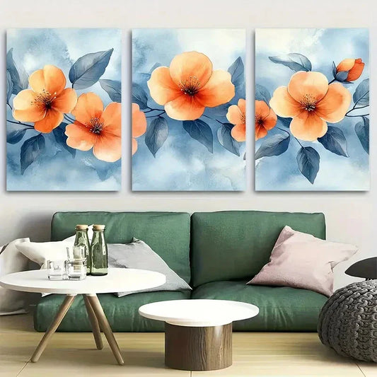 3pcs Soft Peach Floral with Green Leaves Metal Print Ready to Hang Art