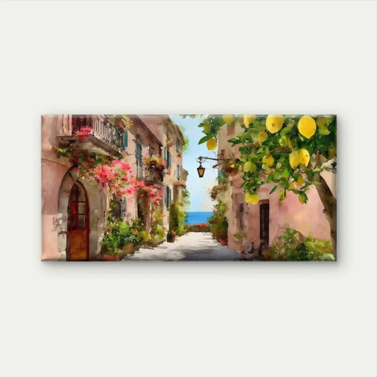 Lemon Tree Mediterranean Street Wall Art Canvas Office Home Room Framed 80x45cm