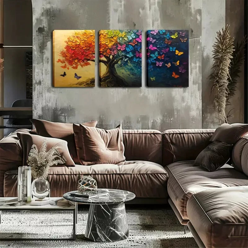 3pcs Beautiful Trees, Colorful Butterflies Wall Art Set Canvas Framed 40x60cm - High Quality Print 100% Australian Made Wall Canvas Ready to Hang