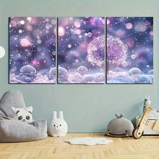3pcs Dandelion Purple & Pink Bubbles Metal Print Ready to Hang Art