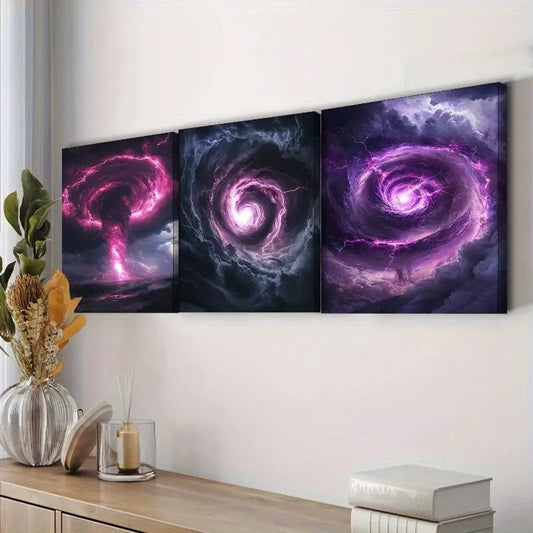 3pcs Tornado With Purple Color Lighting  Wall Art Set Canvas Framed 40x60cm - High Quality Print 100% Australian Made Wall Canvas Ready to Hang