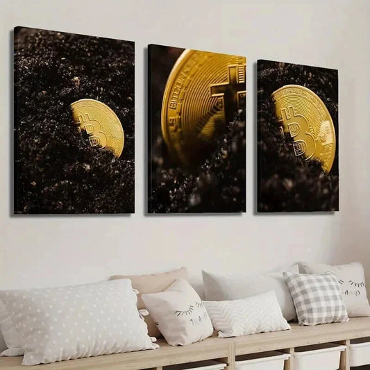 3pcs Bitcoin Photography Cryptocurrency Wall Art Set Canvas Framed 40x60cm - High Quality Print 100% Australian Made Wall Canvas Ready to Hang