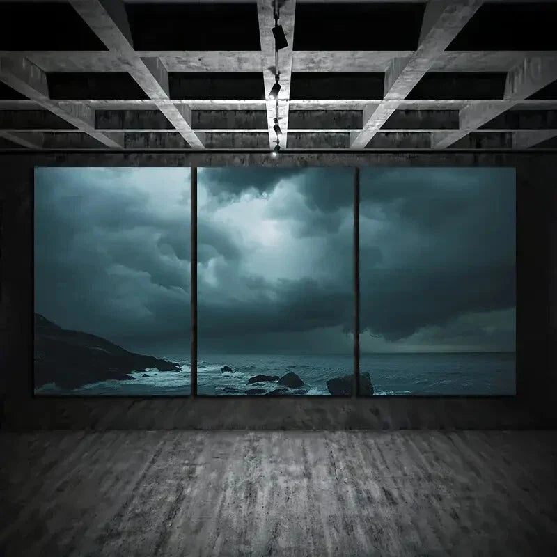 3pcs Dark Storm Sky Beach Stones Metal Print Ready to Hang Art