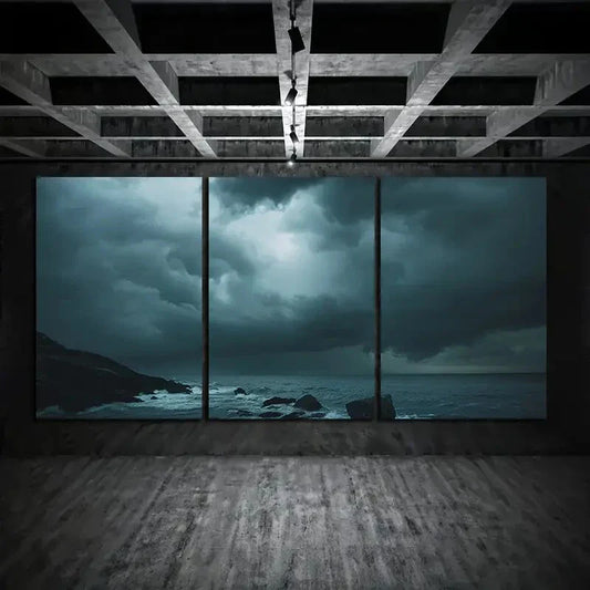 3pcs Dark Storm Sky Beach Stones Metal Print Ready to Hang Art