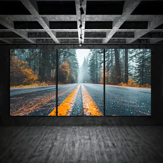 3pcs An Empty Road In The Forest Metal Print Ready to Hang Art