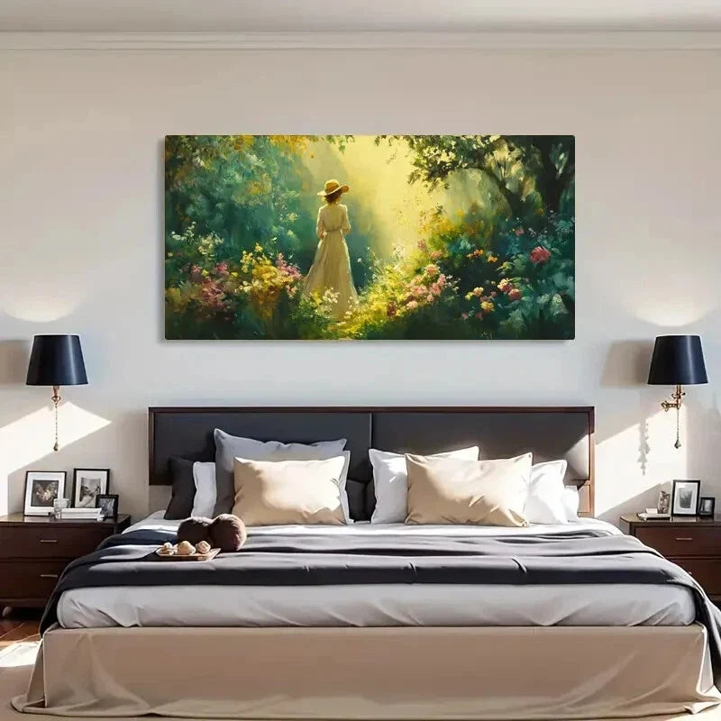 Peaceful Woman Sunlight Garden Wall Art Canvas Office Home Room Framed 80x45cm