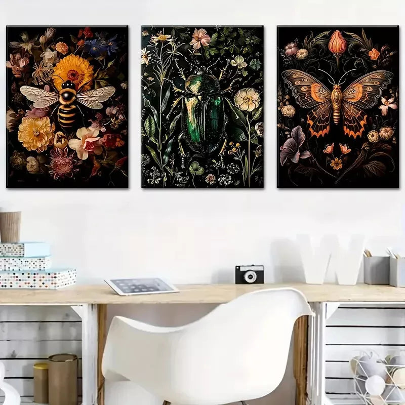 3pcs Featuring Insect Overhead Floral Colorful  Wall Art Set Canvas Framed 40x60cm - High Quality Print 100% Australian Made Wall Canvas Ready to Hang