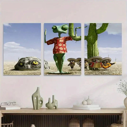 3pcs Vibrant Cactus and Turtle Metal Print Ready to Hang Art