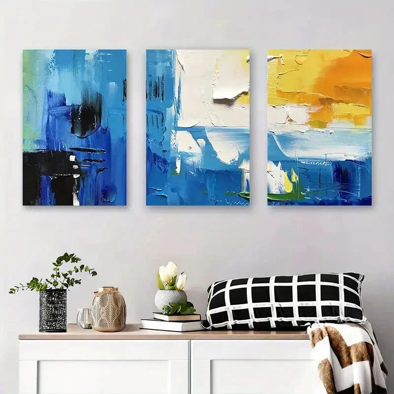 3pcs Modern Blue and Yellow Brushstroke Metal Print Ready to Hang Art
