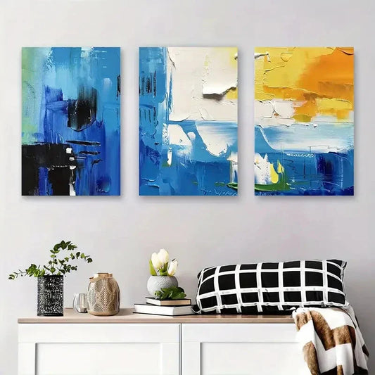 3pcs Modern Blue and Yellow Brushstroke Metal Print Ready to Hang Art