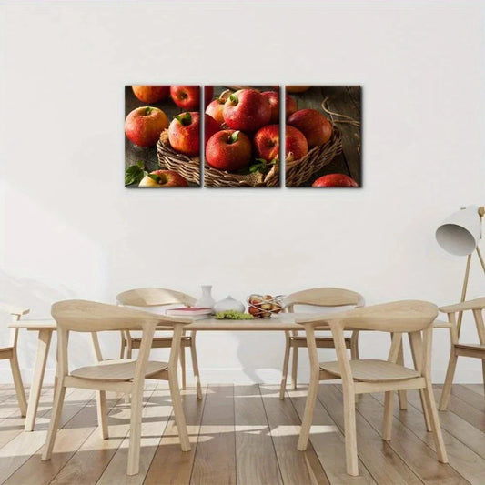 3pcs Red Apples in a Basket Design Metal Print Ready to Hang Art