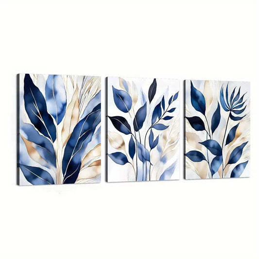 3pcs  Botanical Abstract Elegant Blue Leaves   Wall Art Set Canvas Framed 40x60cm - High Quality Print 100% Australian Made Wall Canvas Ready to Hang