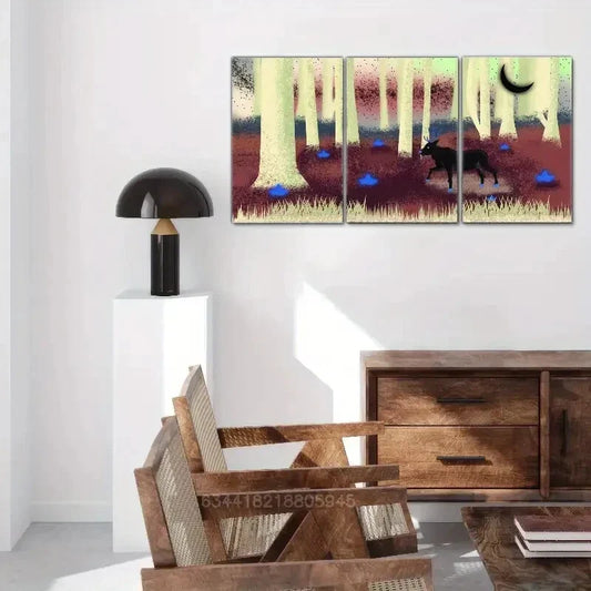 3pcs Accent, Sika deer in the forest, the moon, Metal Print Ready to Hang Art