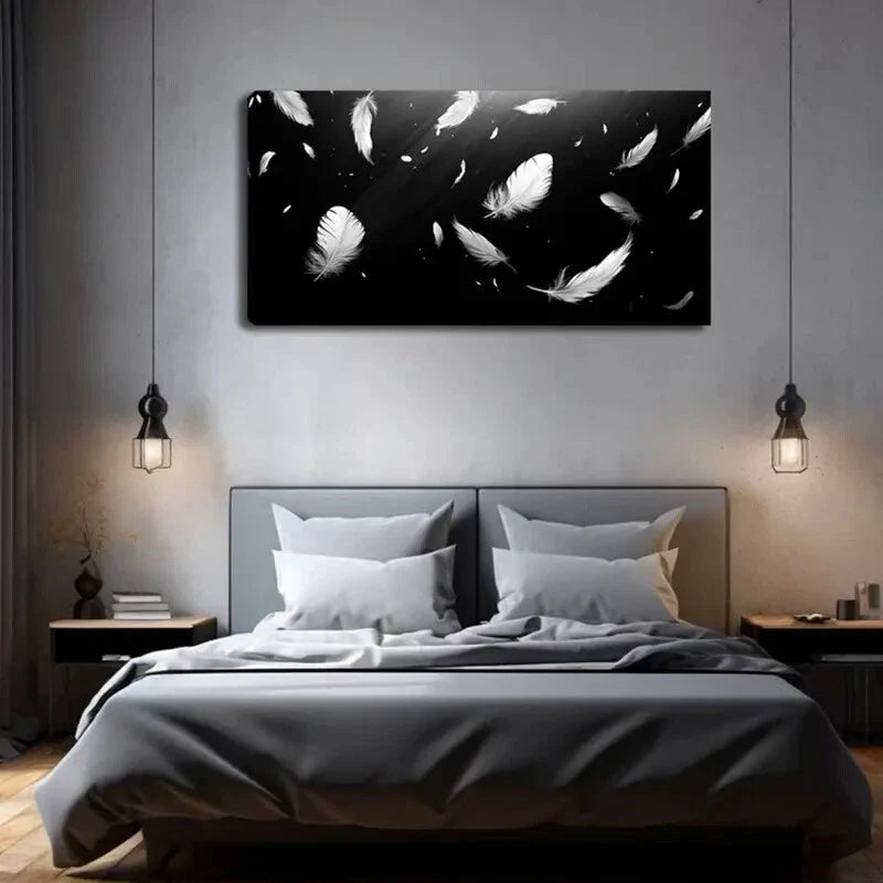 Elegant White Feathers Black Wall Art Canvas Office Home Room Framed 120x60cm