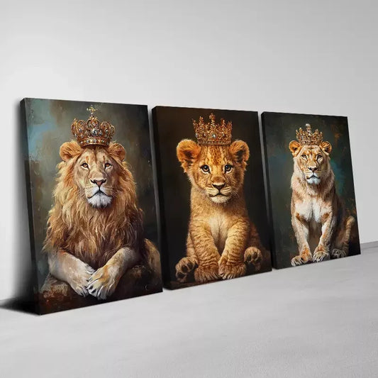 3pcs Modern Abstract Lion Family with Clowns Wall Art Set Canvas Framed 40x60cm - High Quality Print 100% Australian Made Wall Canvas Ready to Hang