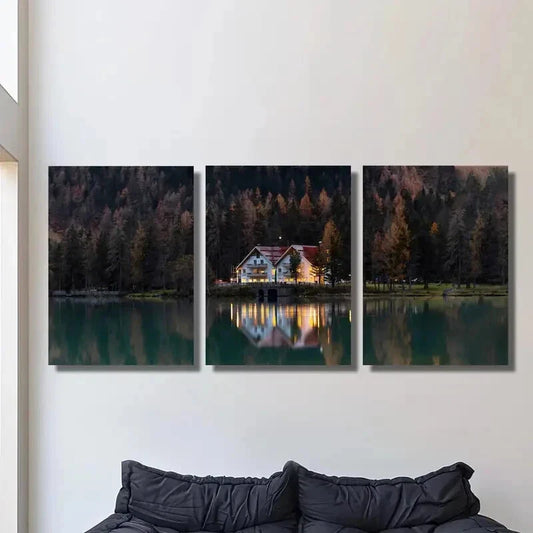3pcs Tranquil Lakeside Villas Reflection Metal Print Ready to Hang Art