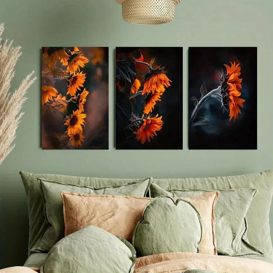 3pcs Sunflowers Bloom in the Autumn Afterglow Metal Print Ready to Hang Art