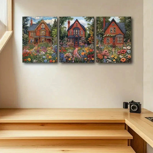 3pcs Victorian House with Vibrant Florals Metal Print Ready to Hang Art