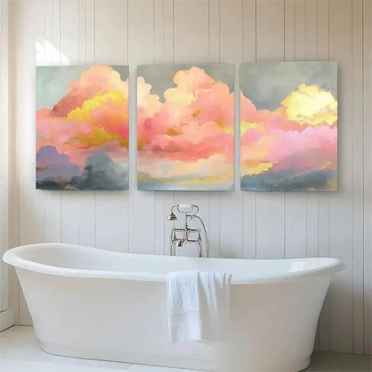 3pcs Abstract Cloud Landscape Pink Gold Perfect Wall Art Set Canvas Framed 40x60cm - High Quality Print 100% Australian Made Wall Canvas Ready to Hang