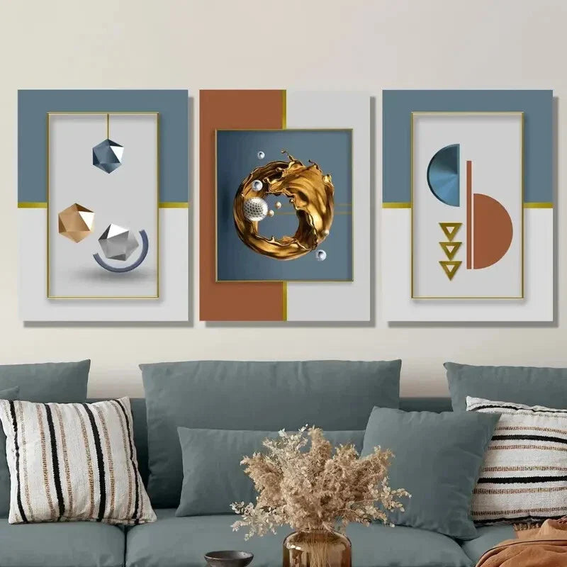3pcs Simple Polyhedron, Abstract Geometric Shape Metal Print Ready to Hang Art